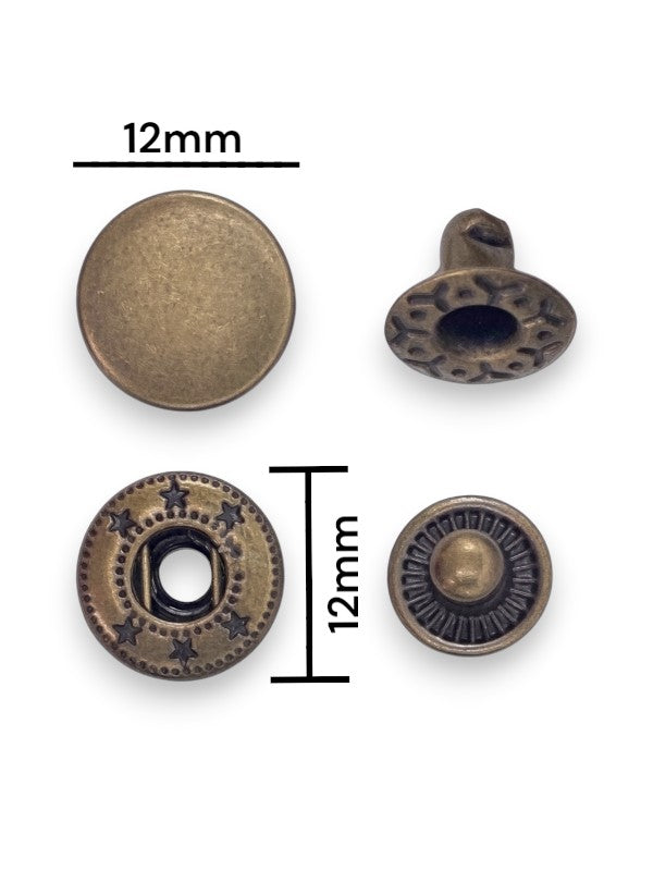 Press Studs - Antique Brass, 12 mm, ( Material: Copper), ±50 Sets