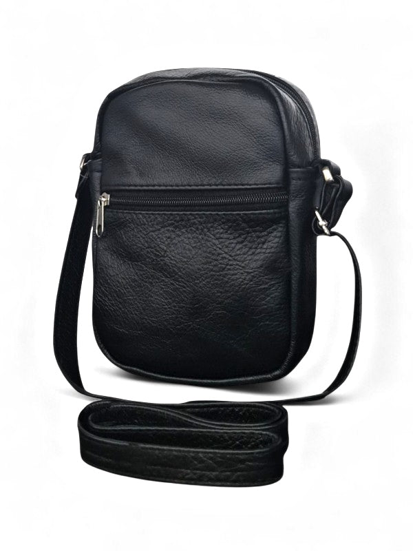 Leather Sling Bag - Black, ±20×14.5×5.5 cm
