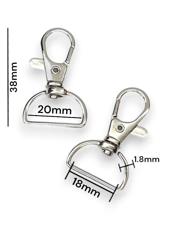 Trigger Snap Hook - Silver, Strap Width ±18 mm, Max ±20 mm, Thickness ±1.8 mm, Height Of Metal Bag Part ±38 mm, ±20-Piece (ba