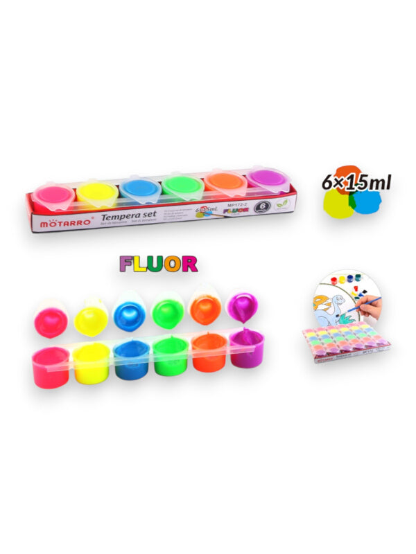 Motarro Tempera Set Paint - Fluorescent Colours, 6x15 ml