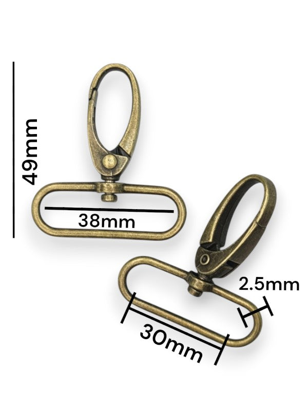 Snap Hook - Antique Brass, Strap Width ±30 mm, Max ±38 mm, Thickness ±2.5 mm, Height Of Metal Bag Part ±49 mm, ±10-Piece