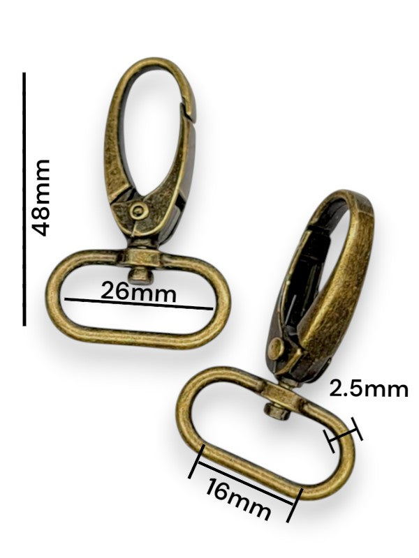 Trigger Snap Hook - Antique Brass, Strap Width ±16 mm, Max ±26 mm, Thickness ±2.5 mm, Height Of Metal Bag Part ±48 mm, ±10-Pi