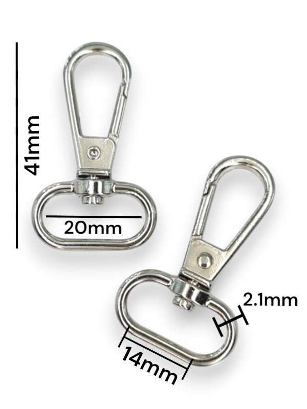 Snap Hook - Silver, Strap Width ±14 mm, Max ±20 mm, Thickness ±2.1 mm, Height Of Metal Bag Part ±41 mm, ±20-Piece (base Mater