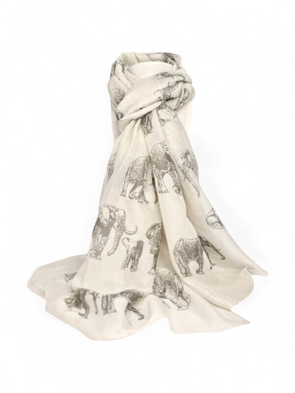 Cotton Road Scarf With Elephants - Light Beige, 180×65 cm