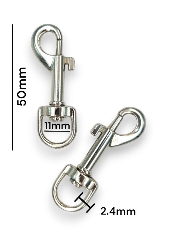 Trigger Snap Hook - Silver, Strap Width ±11 mm, Max ±11 mm, Thickness ±2.4 mm, Height Of Metal Bag Part ±50 mm, ±10-Piece