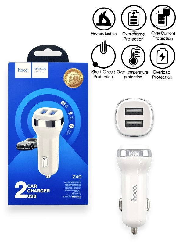 Hoco Z40 - 2 Port Car Charger USB, 2.4a, White