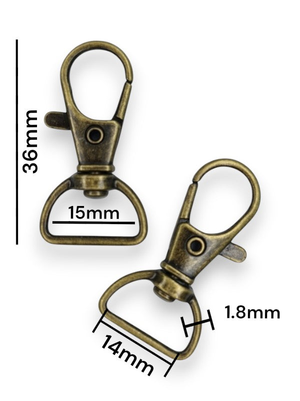 Trigger Snap Hook - Antique Brass, Strap Width ±14 mm, Max ±15 mm, Thickness ±1.8 mm, Height Of Metal Bag Part ±36 mm, ±20-Pi