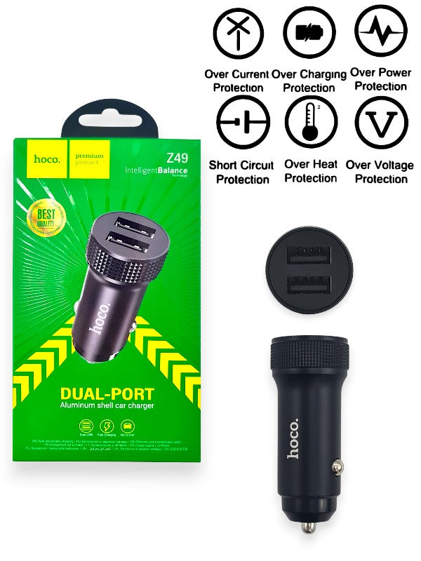 Hoco Z49 - Dual Port Car Charger, Total Output 12w, Black