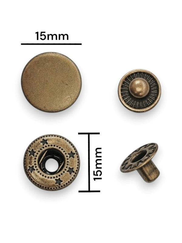 Press Studs - Antique Brass, 15 mm, ( Material: Copper), ±50 Sets