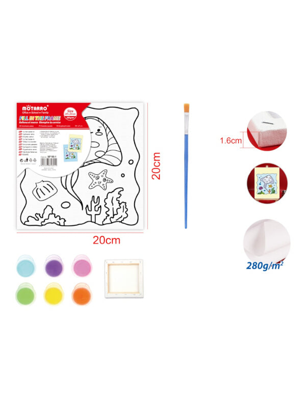 Motarro Stretch Canvas - Fill In The Frame, With Paint And Paintbrush, Sea Life, 20x20 cm