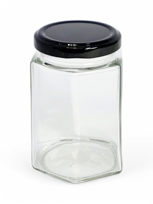 Glass Jar - Metal Black Lid, Hexagon, 280 ml, ±100×75 mm