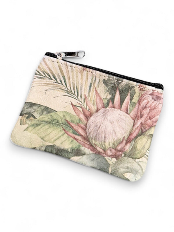 Leather Protea PURSE - Protea WITH Leaves - ±9×14×1 Cm