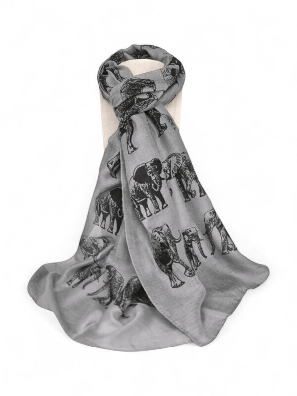 Cotton Road Scarf With Elephants - Dark Grey, 180×65 cm