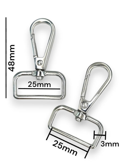 Snap Hook - Silver, Strap Width ±25 mm, Max ±25 mm, Thickness ±3 mm, Height Of Metal Bag Part ±48 mm, ±5-Piece