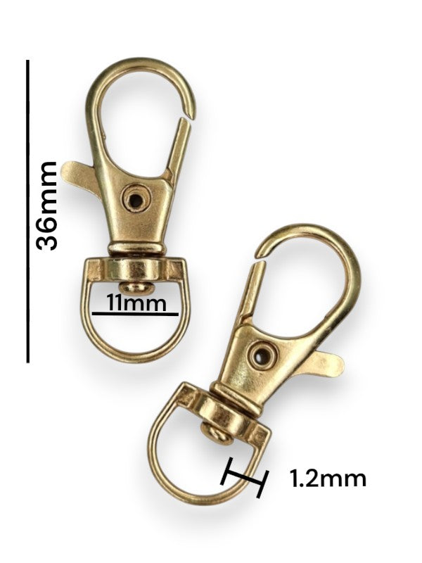 Trigger Snap Hook - Kc Gold, Strap Width ±11 mm, Max ±11 mm, Thickness ±1.2 mm, Height Of Metal Bag Part ±36 mm, ±30-Piece