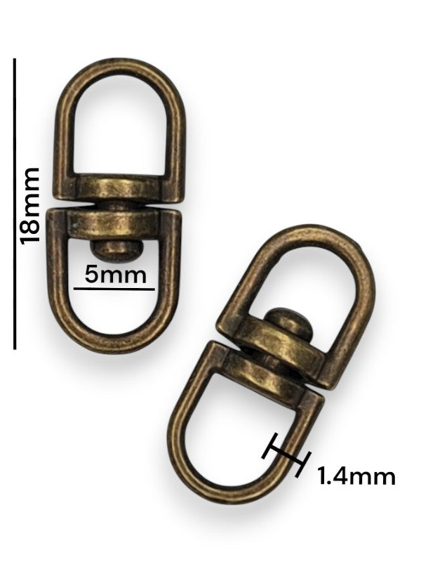 Swivel Connector - Antique Brass, Strap Width ±5 mm, Max ±5 mm, Thickness ±1.4 mm, Height Of Metal Bag Part ±18 mm, ±50-Piece