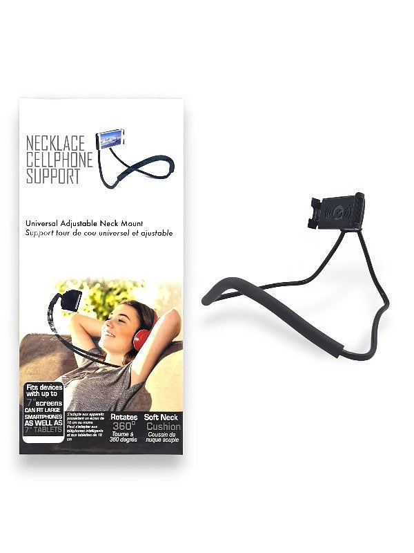 Necklace Cell Phone Support - Rotates 360 Degrees, With A Soft Neck Cushion Attached, Can Hold Up To 7'' Screens, Black
