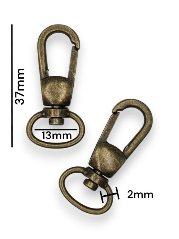Snap Hook - Antique Brass, Strap Width ±13 mm, Max ±13 mm, Thickness ±2 mm, Height Of Metal Bag Part ±37 mm, ±20-Piece