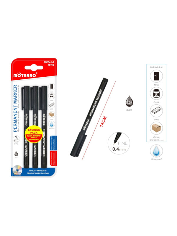 Motarro Permanent Marker - Fine Liners, Black, 0.4 mm, 3-Piece