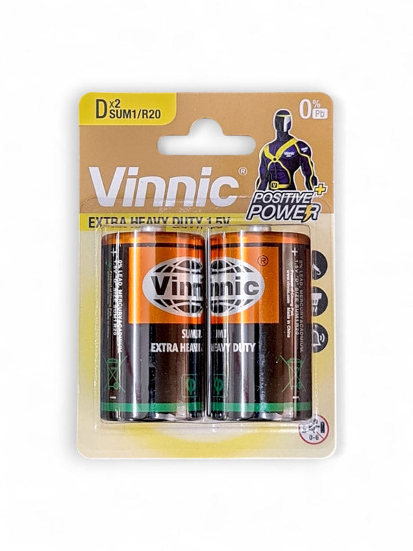 Vinnic Zinc Chloride D Torch Battery 1.5v - Card 2, Size SUM1/R20