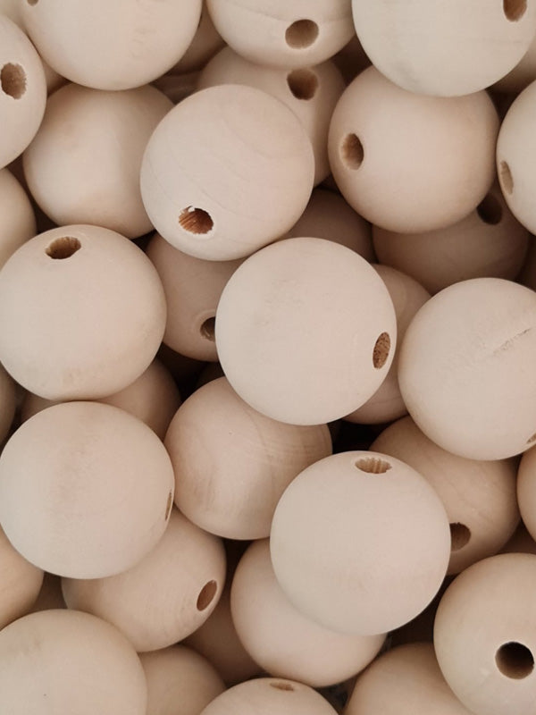 Wooden Beads - Round - 30 mm, Hole 5 - 6 mm, Unvarnished ±130-Piece 1 kg