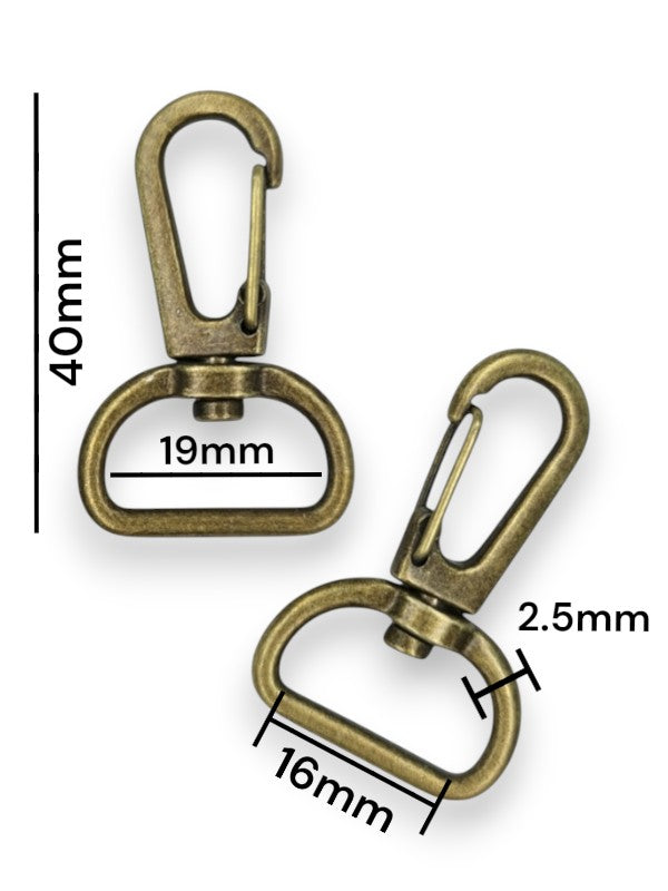 Snap Hook - Antique Brass, Strap Width ±16 mm, Max ±19 mm, Thickness ±2.5 mm, Height Of Metal Bag Part ±40 mm, ±20-Piece (bas
