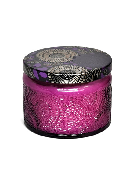 Scented Candle In Glass Jar With Patterned Tin Lid - Purple Jar