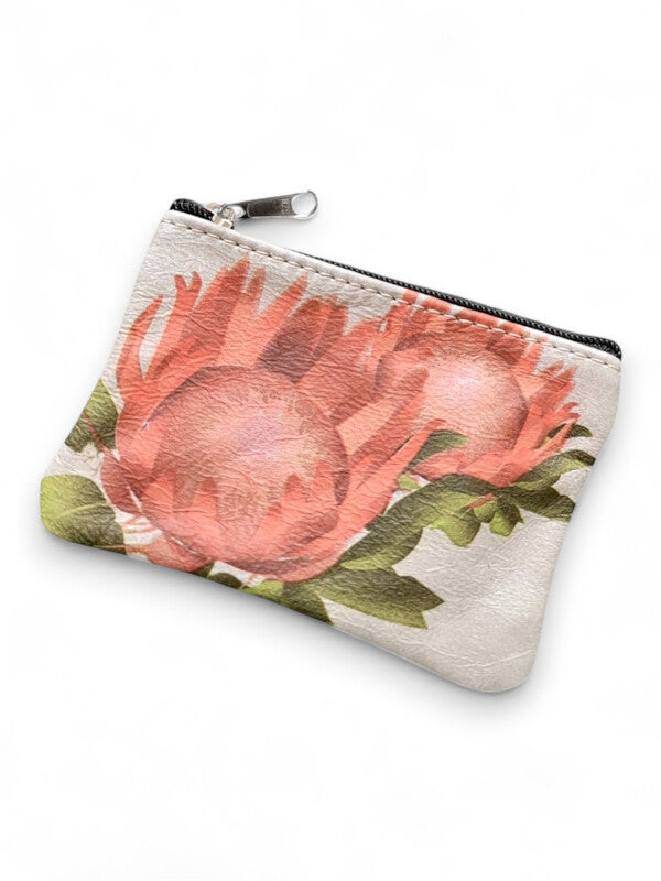 Leather Protea PURSE - Protea WITH Leaves - ±9×14×1 Cm