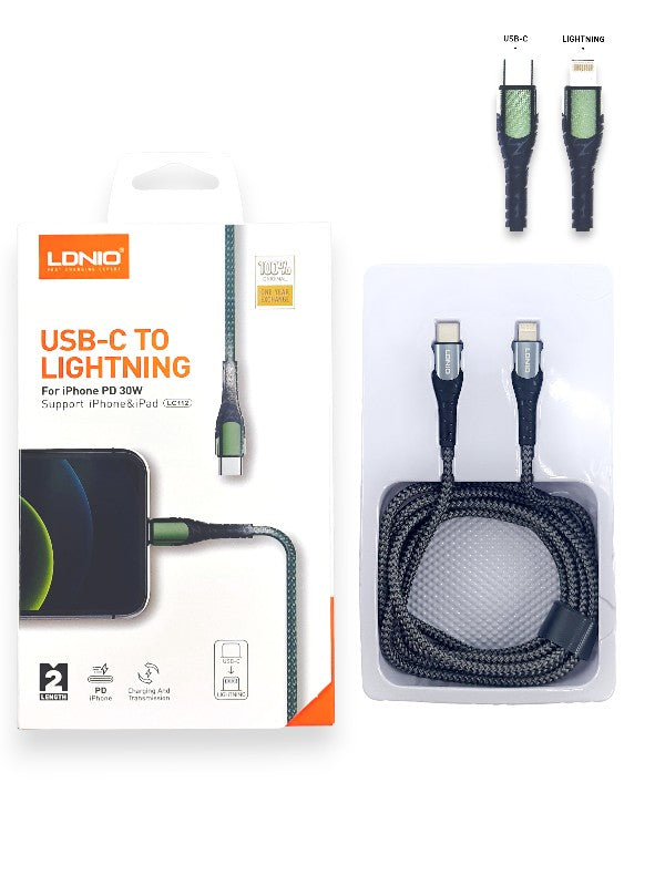 LDNIO Lc112 - USB-C to Lightning, Charging Cable, For iPhone, Fast-Charging, PD 30w, 2 m Cable, Grey