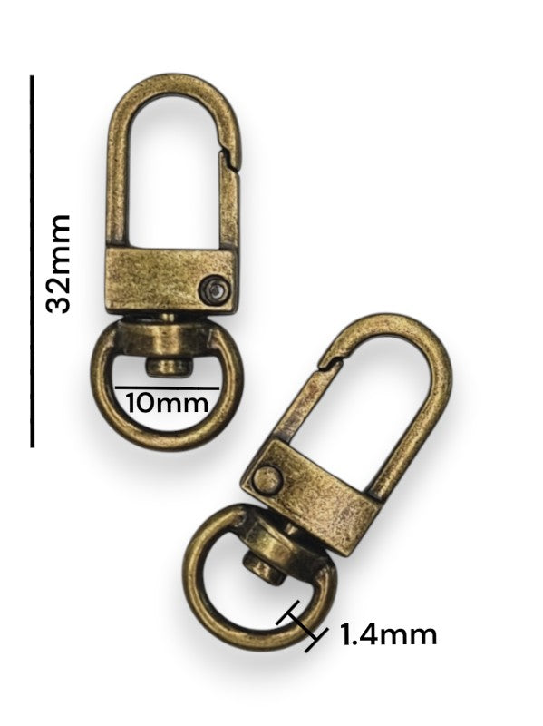 Snap Hook - Antique Brass, Strap Width ±10 mm, Max ±10 mm, Thickness ±1.4 mm, Height Of Metal Bag Part ±32 mm, ±20-Piece (bas