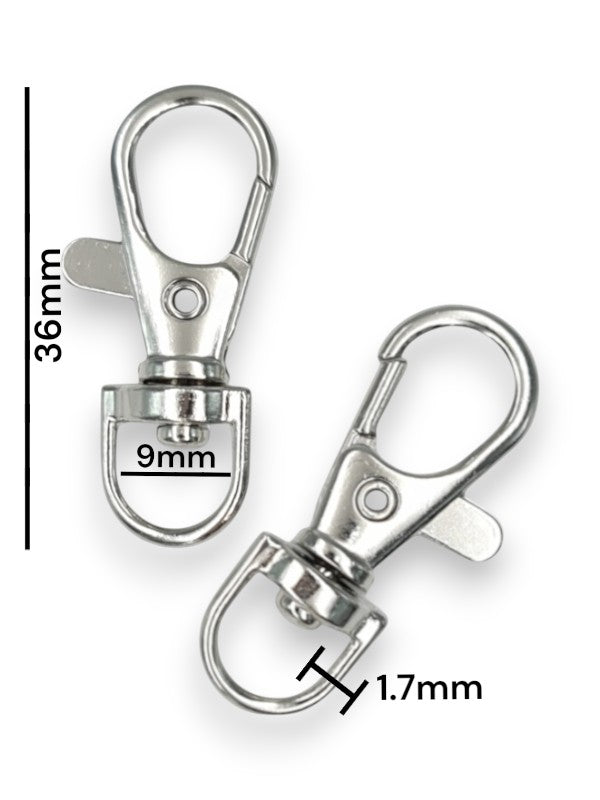 Trigger Snap Hook - Silver, Strap Width ±9 mm, Max ±9 mm, Thickness ±1.7 mm, Height Of Metal Bag Part ±36 mm, ±20-Piece (base