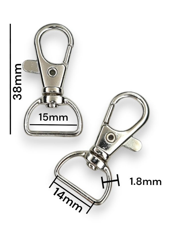 Trigger Snap Hook - Silver, Strap Width ±14 mm, Max ±15 mm, Thickness ±1.8 mm, Height Of Metal Bag Part ±38 mm, ±10-Piece (ni