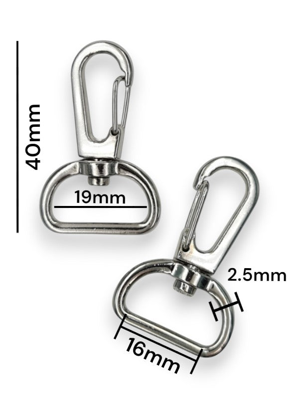 Snap Hook - Silver, Strap Width ±16 mm, Max ±19 mm, Thickness ±2.5 mm, Height Of Metal Bag Part ±40 mm, ±20-Piece (base Mater
