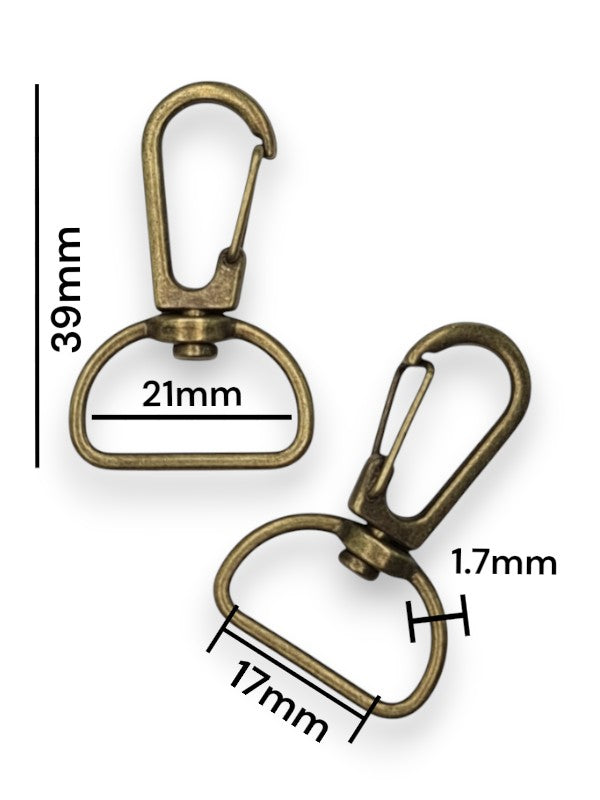 Snap Hook - Antique Brass, Strap Width ±17 mm, Max ±21 mm, Thickness ±1.7 mm, Height Of Metal Bag Part ±39 mm, ±20-Piece (bas
