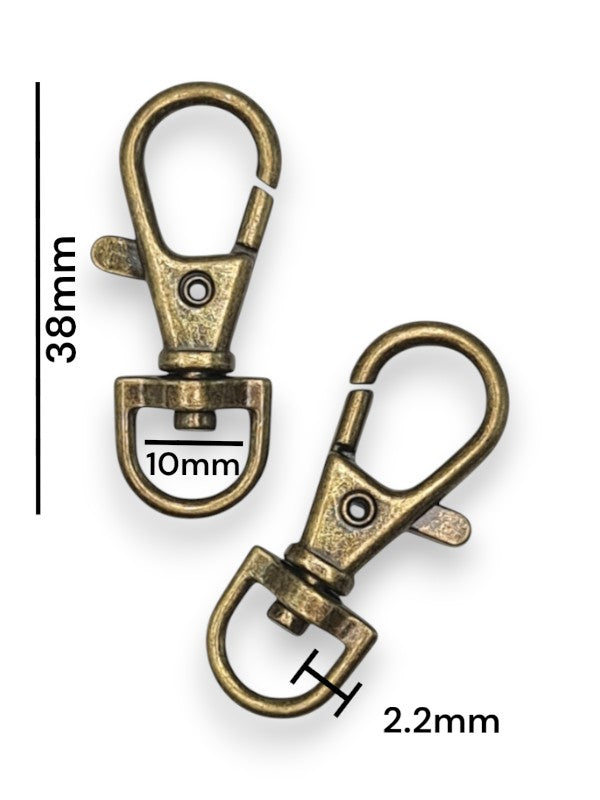 Trigger Snap Hook - Antique Brass, Strap Width ±10 mm, Max ±10 mm, Thickness ±2.2 mm, Height Of Metal Bag Part ±38 mm, ±20-Pi
