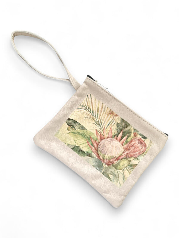 Leather PURSE WITH SLING - Protea WITH Leaves - ±16×19×1 Cm