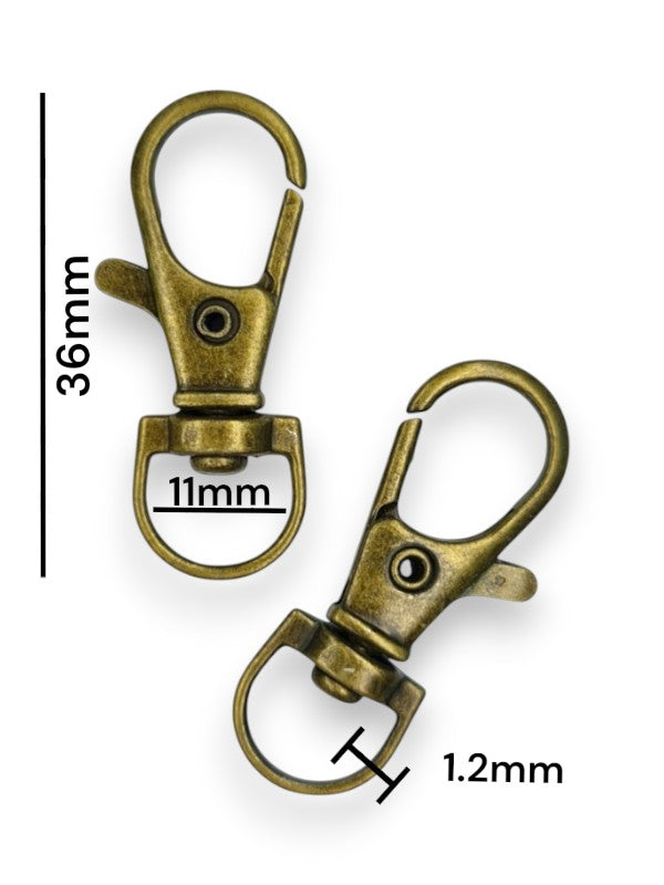 Trigger Snap Hook - Antique Brass, Strap Width ±11 mm, Max ±11 mm, Thickness ±1.2 mm, Height Of Metal Bag Part ±36 mm, ±30-Pi