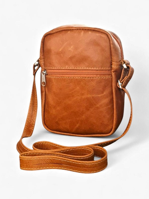 Leather Sling Bag - Tan, ±20×14.5×5.5 cm