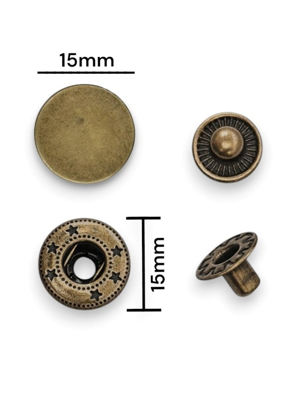 Press Studs - Antique Brass, 15 mm, ( Material: Stainless Steel), ±50 Sets