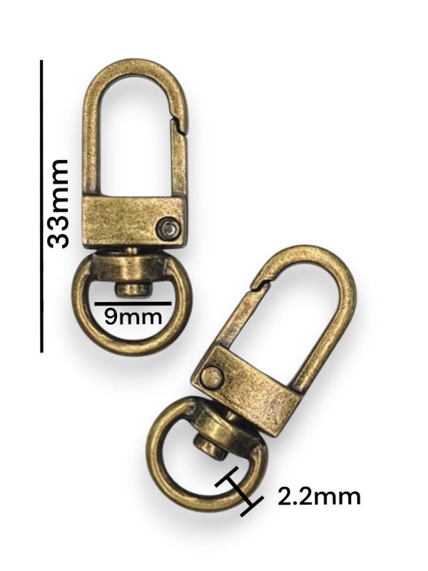 Snap Hook - Antique Brass, Strap Width ±9 mm, Max 9 mm, Thickness ±2.2 mm, Height Of Metal Bag Part ±33 mm, ±10-Piece (base M