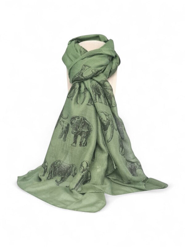 Cotton Road Scarf With Elephants - Dark Green, 180×65 cm