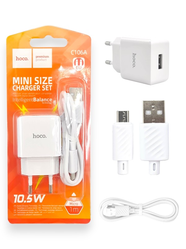 Hoco C106a - Micro Cable And Charger, 10.5w Max, 1 m Cable, White