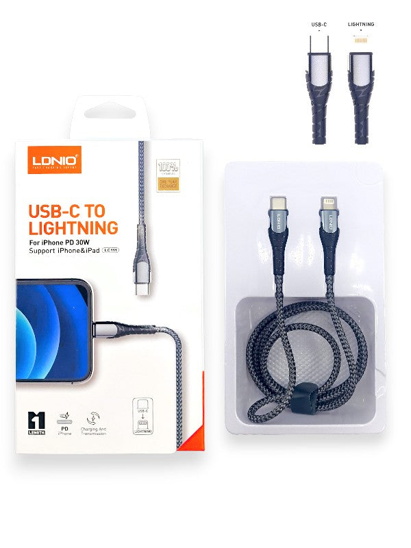LDNIO Lc111 - USB-C to Lightning, Charging Cable, For iPhone, Fast-Charging, PD 30w, 1 m Cable, Grey