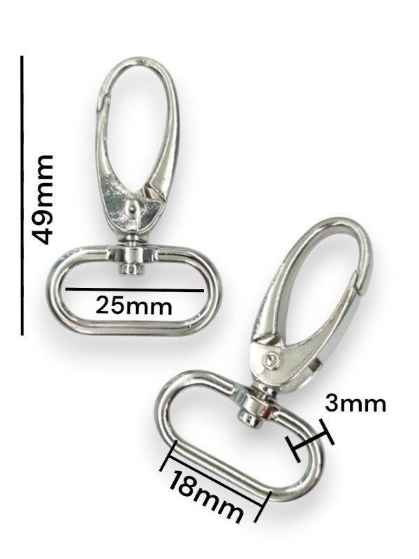 Snap Hook - Silver, Strap Width ±18 mm, Max ±25 mm, Thickness ±3 mm, Height Of Metal Bag Part ±49 mm, ±10-Piece (base Materia