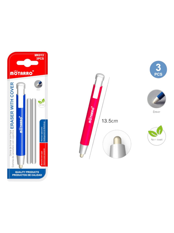 Motarro Eraser With Cover - Blue, 3-Piece