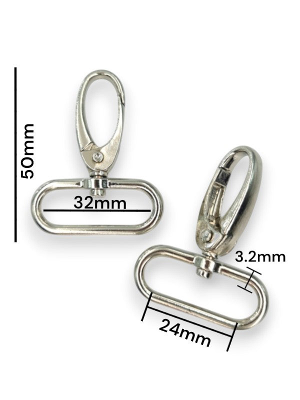 Snap Hook - Silver, Strap Width ±24 mm, Max ±32 mm, Thickness ±3.2 mm, Height Of Metal Bag Part ±50 mm, ±10-Piece (base Mater