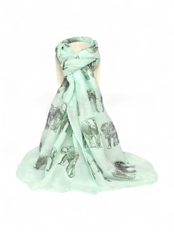 Cotton Road Scarf With Elephants - Mint Green, 180×65 cm
