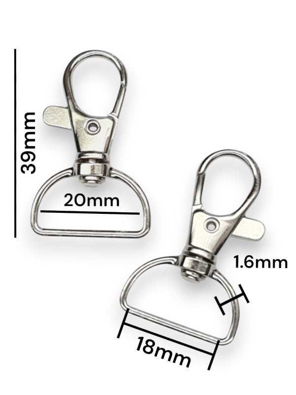 Trigger Snap Hook - Silver, Strap Width ±18 mm, Max ±20 mm, Thickness ±1.6 mm, Height Of Metal Bag Part ±39 mm, ±20-Piece