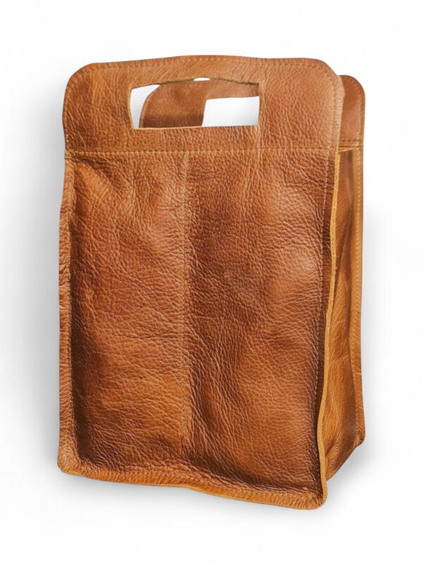 Leather WINE BAG - 2 Pockets - Mottled LIGHT BROWN ±35.5×24×10 Cm
