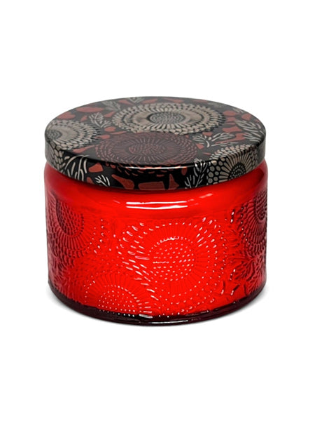 Scented Candle In Glass Jar With Patterned Tin Lid - Red Jar